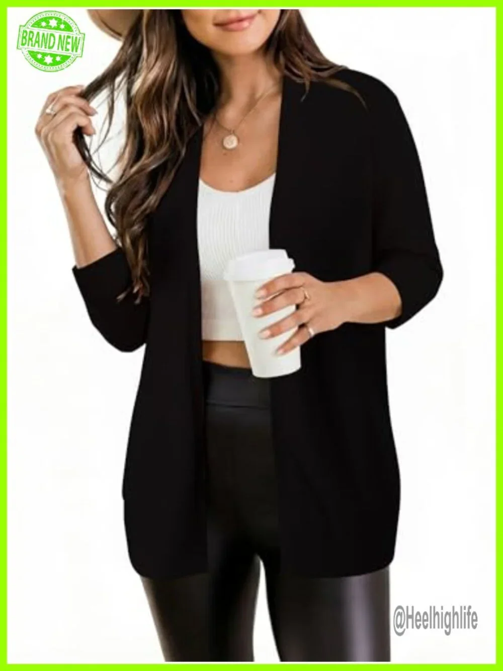 Lightweight Open Front Cardigan with Pockets V-Neck 3/4 Sleeve Knit